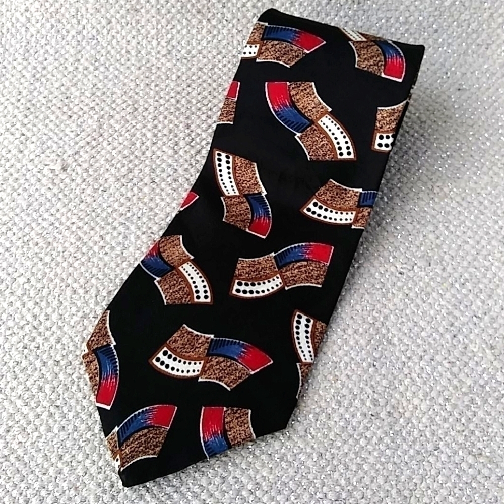 Oscar de La Renta 100% Silk Necktie in Blue, Brown, Black, Red and White Pattern